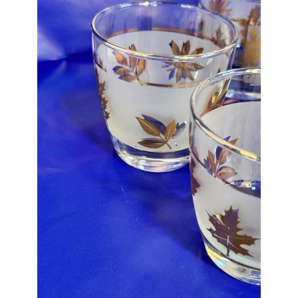 Set of 8 Libbey Golden Foliage Lowball Glasses Gold Rim Frosted 3